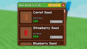 A seed shop menu in Roblox's "Grow a Garden" shows carrot and strawberry seeds with prices and stock levels.