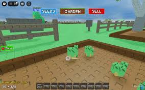 A player gardens in Roblox's "Grow a Garden" game, with carrot crops growing and options for seeds, garden, and sell shown.