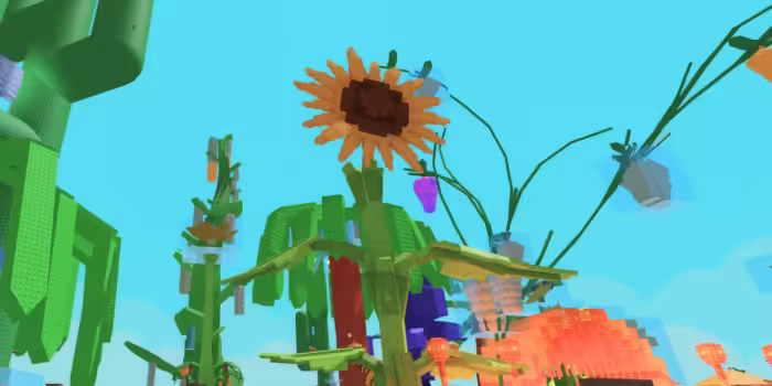 A giant sunflower towers among colorful crops and floating islands in Roblox’s "Grow a Garden," surrounded by grapevines and other fantasy plants.