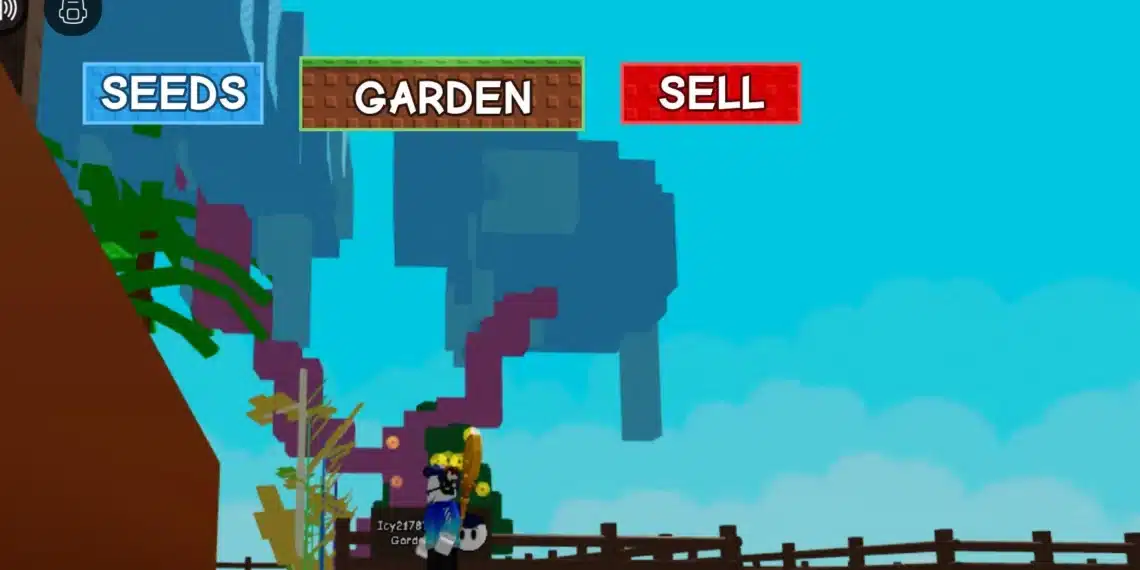 A player stands beneath a large cherry blossom tree in Roblox’s "Grow a Garden," with SEEDS, GARDEN, and SELL buttons at the top of the screen.