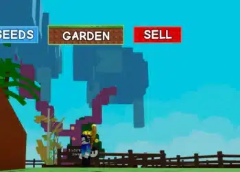 A player stands beneath a large cherry blossom tree in Roblox’s "Grow a Garden," with SEEDS, GARDEN, and SELL buttons at the top of the screen.