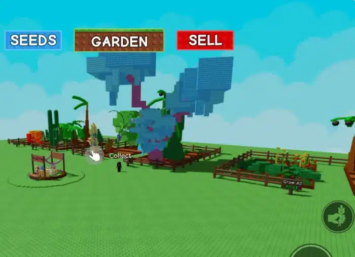 A large cherry blossom tree blooms in Roblox’s "Grow a Garden," with a “Collect” prompt and SEEDS, GARDEN, SELL buttons at the top of the screen.