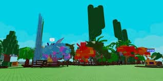 Colorful tropical trees and coconut palms grow tall in Roblox’s "Grow a Garden," set within fenced garden plots and a bright sky backdrop.