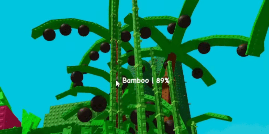 Coconut trees grow tall beside bamboo stalks at 89% growth in Roblox’s "Grow a Garden," with coconuts hanging from leafy branches.