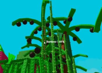 Coconut trees grow tall beside bamboo stalks at 89% growth in Roblox’s "Grow a Garden," with coconuts hanging from leafy branches.