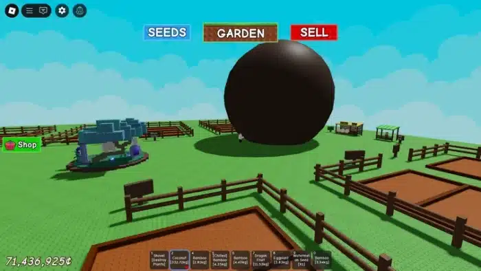 A giant black coconut grows in Roblox’s "Grow a Garden," with SEEDS, GARDEN, and SELL buttons above and fenced plots surrounding the area.