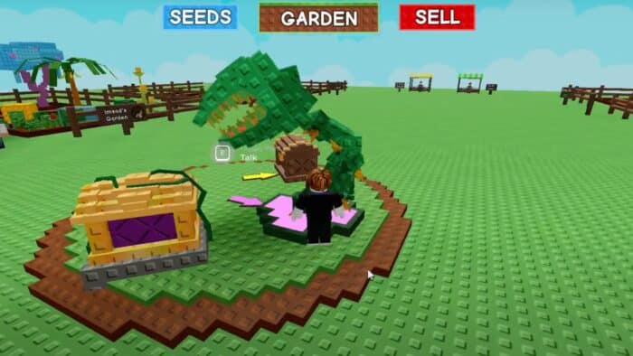 A player interacts with a large plant NPC in Roblox’s "Grow a Garden," near a daffodil-shaped platform and beehive under the SEEDS, GARDEN, SELL menu.