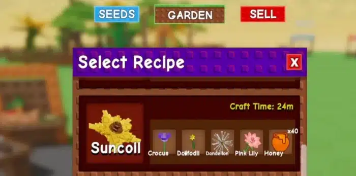  A crafting recipe screen in Roblox’s Grow a Garden showing ingredients to craft “Suncoll,” including Crocus, Daffodil, Dandelion, Pink Lily, and 40 Honey.