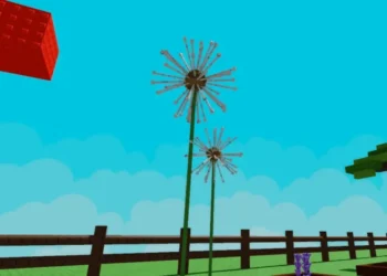 Two tall dandelion plants with spherical, fluffy seed heads in a Roblox garden setting, surrounded by fences, trees, and other plants.