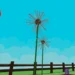 Two tall dandelion plants with spherical, fluffy seed heads in a Roblox garden setting, surrounded by fences, trees, and other plants.