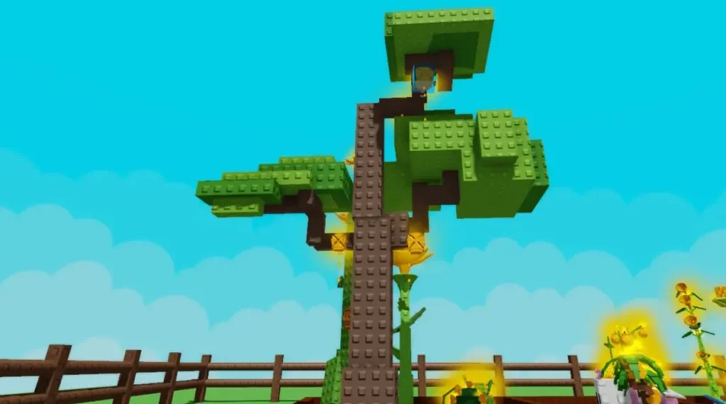 A tall blocky tree with green leaf clusters and yellow hive fruits grows inside a fenced garden plot in the Roblox game "Grow a Garden."