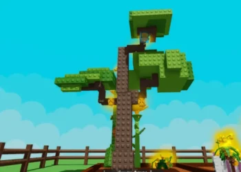 A tall blocky tree with green leaf clusters and yellow hive fruits grows inside a fenced garden plot in the Roblox game "Grow a Garden."