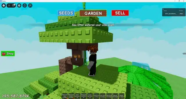 A Roblox character stands on a large green blocky tree platform beside a hanging hive fruit in the game "Grow a Garden."