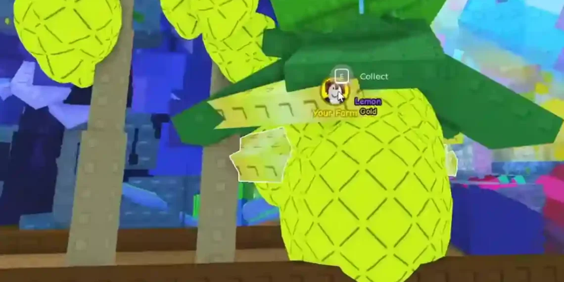 A golden lemon grows on a tree in Roblox’s "Grow a Garden," with a prompt to collect and bright yellow fruit surrounded by a vibrant garden backdrop.