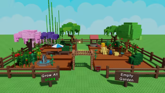 A Roblox garden scene features tomato plants, trees, and an “Empty Garden” plot with a “Grow All” option for 375 Robux in "Grow a Garden."