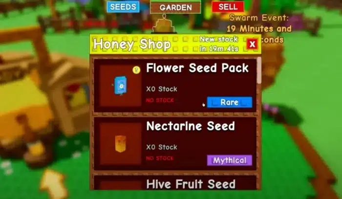 Roblox Grow a Garden Honey Shop showing out-of-stock Flower Seed Pack (Rare) and Nectarine Seed (Mythical) with a restock timer.