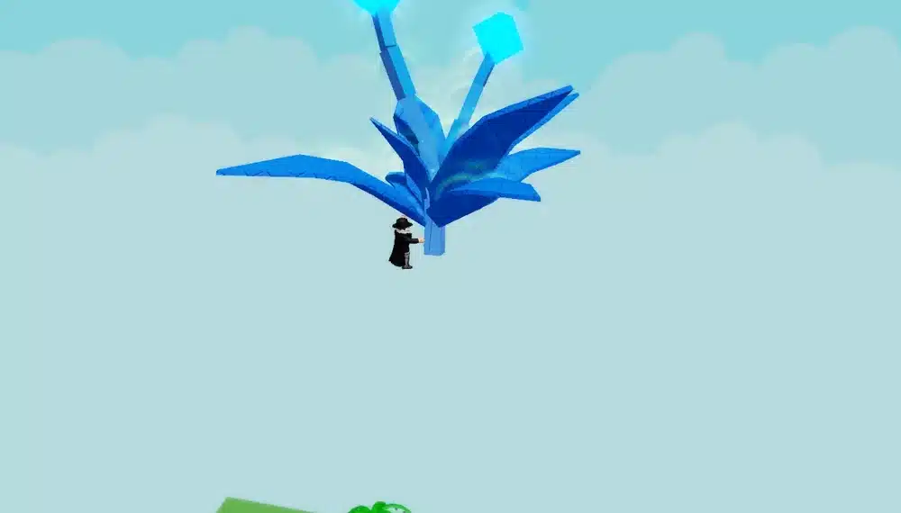 A player floats next to a giant glowing blue Lotus flower in the sky above the garden in Roblox Grow a Garden, with bright clouds in the background.