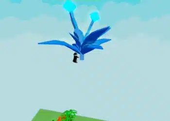 A player floats next to a giant glowing blue Lotus flower in the sky above the garden in Roblox Grow a Garden, with bright clouds in the background.