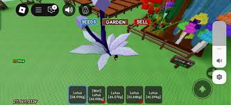 A player stands next to a large blooming lotus plant in Roblox Grow a Garden, with labeled lotus stats and colorful flowers in nearby plots.