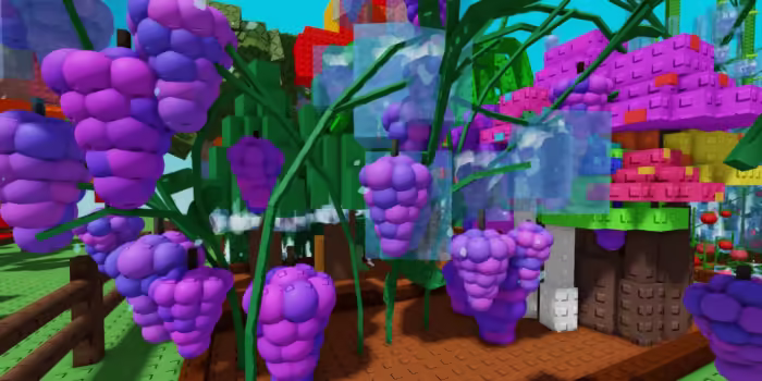 Clusters of vibrant purple grapes grow on leafy vines in a colorful Roblox garden, surrounded by bright blocky trees and plants.