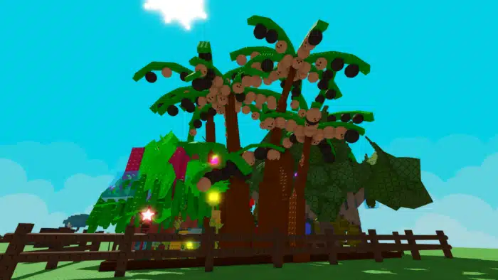 Tall Lumiria trees with glowing orbs and smiling faces grow behind a fence in a colorful Roblox garden under a bright sun and blue sky