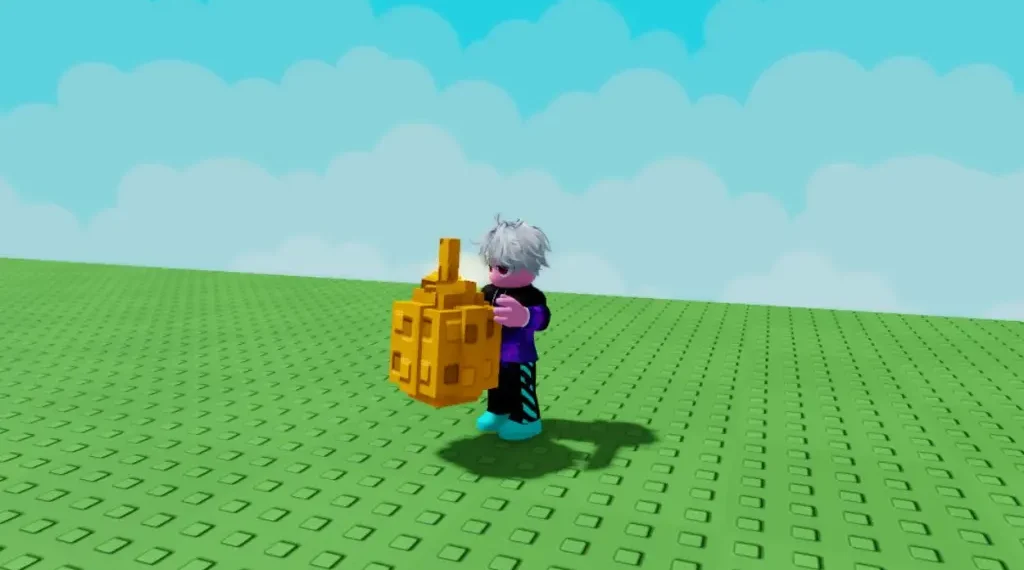 A Roblox character holds a glowing golden Lumiria fruit while standing on a green brick floor with a blue sky and clouds in the background.