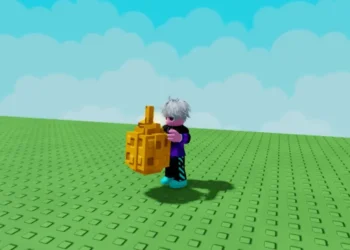 A Roblox character holds a glowing golden Lumiria fruit while standing on a green brick floor with a blue sky and clouds in the background.