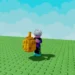 A Roblox character holds a glowing golden Lumiria fruit while standing on a green brick floor with a blue sky and clouds in the background.