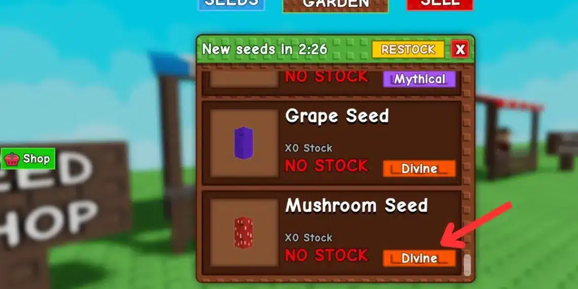Roblox "Grow a Garden" shop menu shows Mushroom Seed marked as Divine rarity and out of stock; timer indicates restock in 2:26.