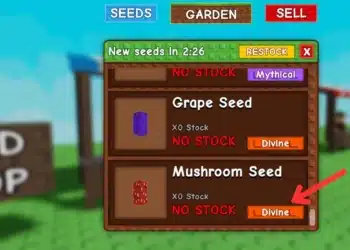 Roblox "Grow a Garden" shop menu shows Mushroom Seed marked as Divine rarity and out of stock; timer indicates restock in 2:26.