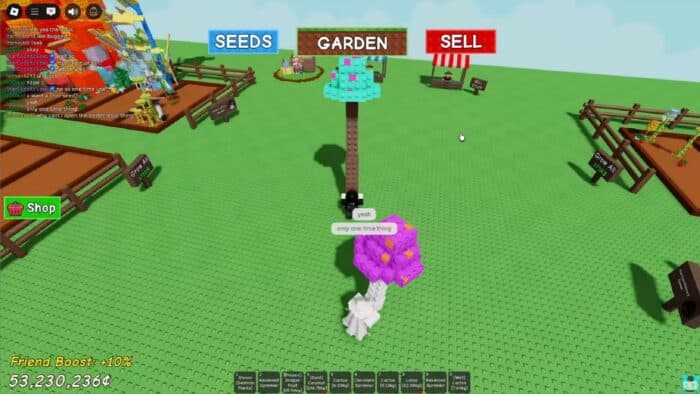 A player stands by a tall orange tulip in Roblox’s "Grow a Garden," with SEEDS, GARDEN, and SELL options visible and other gardens in the background.
