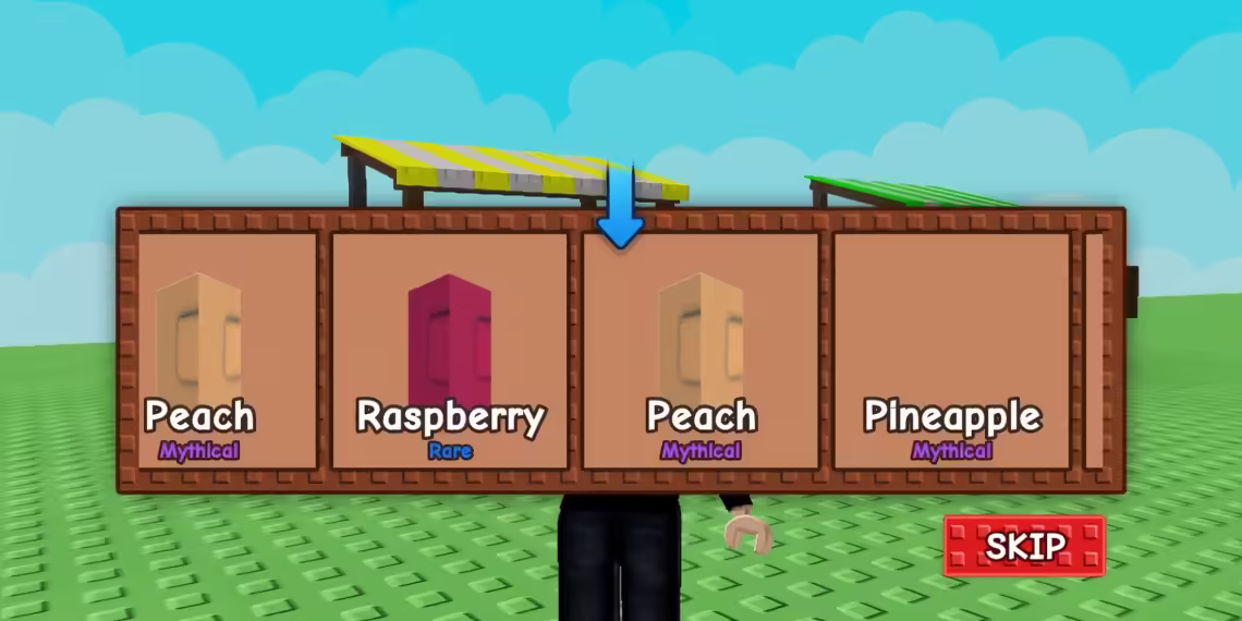 Roblox Grow a Garden fruit seed selection screen showing Peach (Mythical), Raspberry (Rare), and Pineapple (Mythical) with a blue arrow above Peach.
