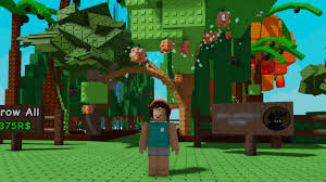 A Roblox character stands in front of a peach tree with floating peaches and sparkles in Grow a Garden, next to a “Grow All” sign and garden area. 