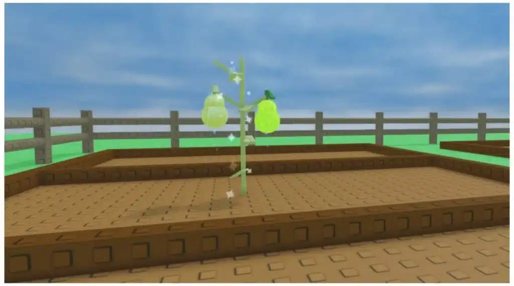 A pear plant sparkles with ripe fruit in an empty garden bed in Roblox’s "Grow a Garden," surrounded by a wooden fence and clear sky.