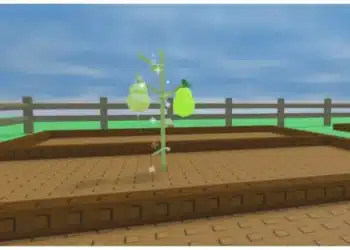 A pear plant sparkles with ripe fruit in an empty garden bed in Roblox’s "Grow a Garden," surrounded by a wooden fence and clear sky.