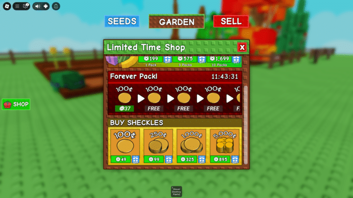 The Limited Time Shop in Roblox’s "Grow a Garden" displays coin packs and sheckles for purchase, with garden plots visible in the background.