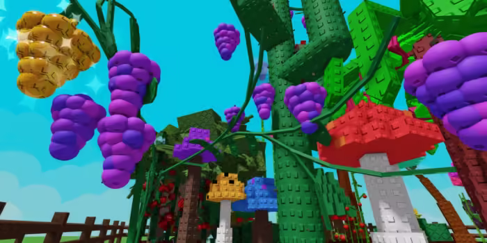 A vibrant scene from Grow a Garden on Roblox showing clusters of purple and golden peppers hanging from green vines, surrounded by tall blocky trees and large colorful mushroom structures.