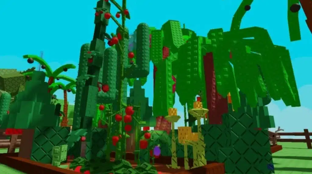 A lush garden in "Grow a Garden - Roblox" featuring tall green pepper plants with red peppers growing on them, surrounded by various other colorful blocky plants and trees.