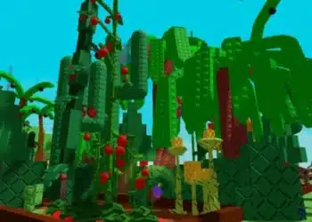 A lush garden in "Grow a Garden - Roblox" featuring tall green pepper plants with red peppers growing on them, surrounded by various other colorful blocky plants and trees.
