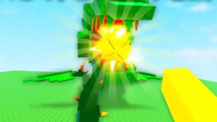 A glowing, blocky pineapple growing on a tall green stem in a stylized, LEGO-like Roblox environment. Bright yellow rays shine from the pineapple, indicating it is fully grown or special in some way. The background features a grassy platform with a light blue sky.