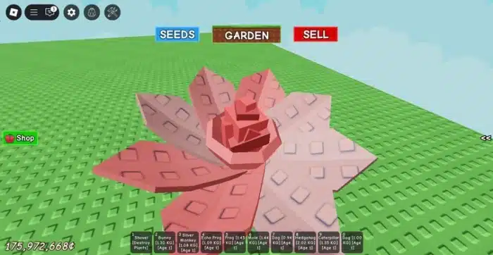 A large pink lily flower blooms in the center of a green field in Roblox's "Grow a Garden," with SEEDS, GARDEN, and SELL menu buttons above.