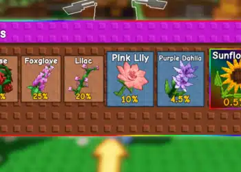 A probability chart from the game "Grow a Garden" on Roblox showing the odds of obtaining various flowers from seed packs, including Pink Lily at 10%, among other flowers like Rose, Foxglove, Lilac, Purple Dahlia, and the rare Sunflower.