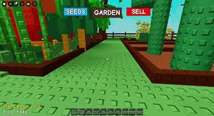 A garden path in Roblox’s "Grow a Garden" is lined with colorful crops and cacti under SEEDS, GARDEN, and SELL menu options at the top.