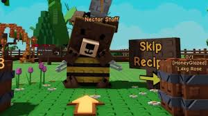 A bear NPC named “Nector Staff” stands near flowers and recipe barrels in Roblox’s "Grow a Garden," with a rose requirement shown on the sign.