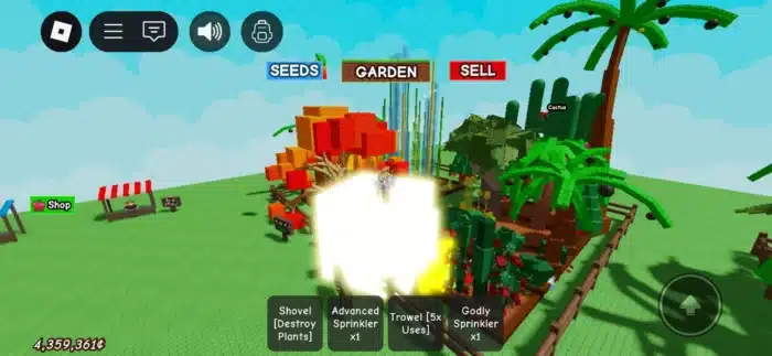 A player stands next to a large blocky sunflower plant glowing brightly in Roblox's "Grow a Garden" game, surrounded by other crops and trees. 