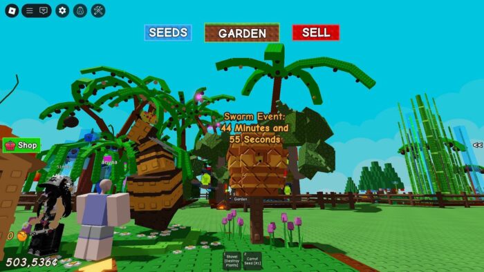Two Roblox avatars stand near a large animated beehive and tropical trees in "Grow a Garden," with a swarm event countdown overhead.