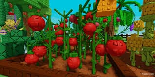 Ripe tomato plants grow in a vibrant garden bed in Roblox's "Grow a Garden" game, surrounded by other colorful blocky crops.