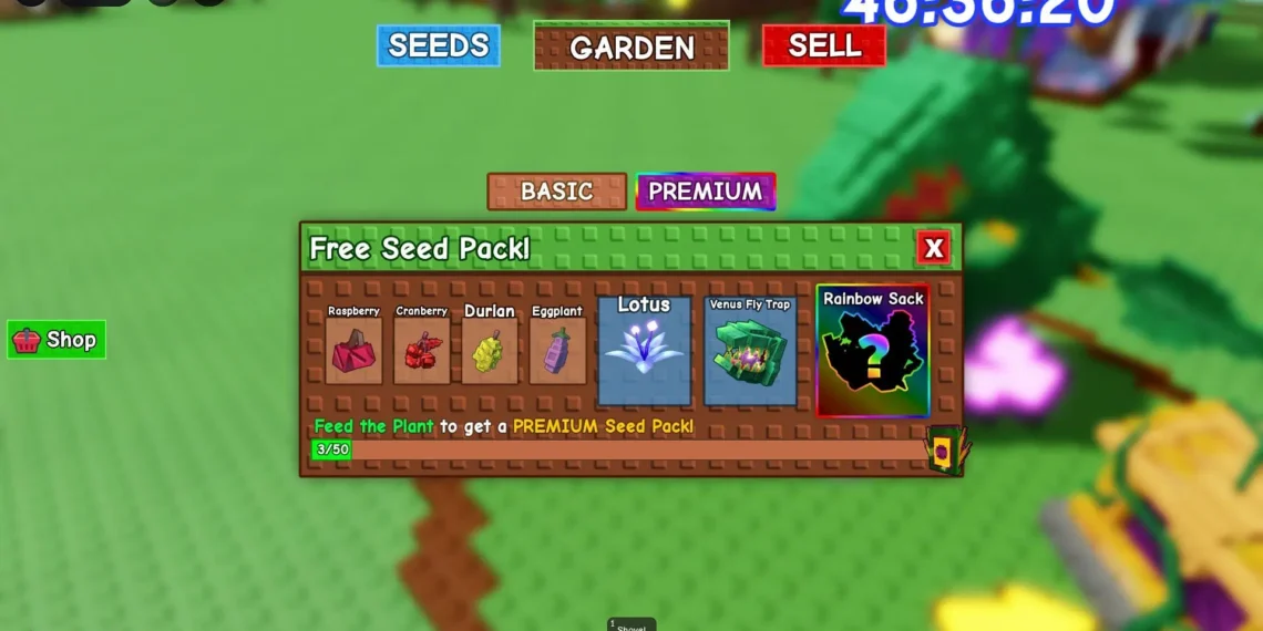 Free Seed Pack menu in Grow a Garden Roblox shows Venus Flytrap as a premium seed reward among other fruits and plants.