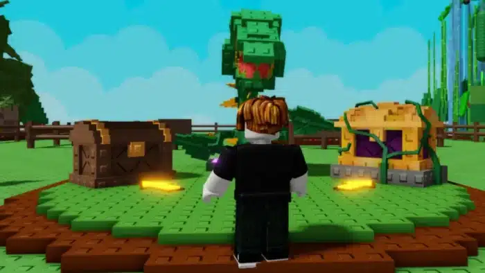 A player stands before a giant Venus Flytrap in Grow a Garden on Roblox, flanked by treasure chests on a circular grass platform.