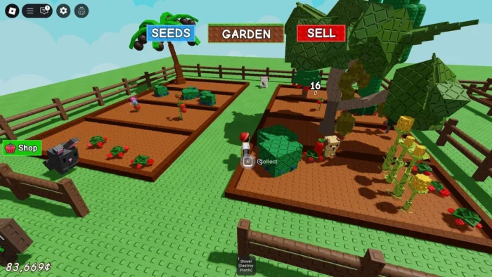 A player collects a watermelon in Roblox’s "Grow a Garden," surrounded by crops, animals, and labeled SEEDS, GARDEN, and SELL options at the top.